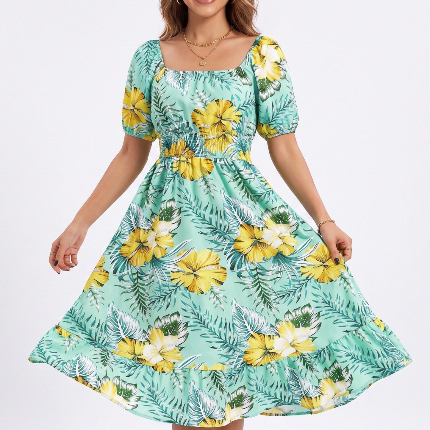 Tropical Floral Square Neck Smocked Waist Midi Dress