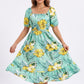 Tropical Floral Square Neck Smocked Waist Midi Dress