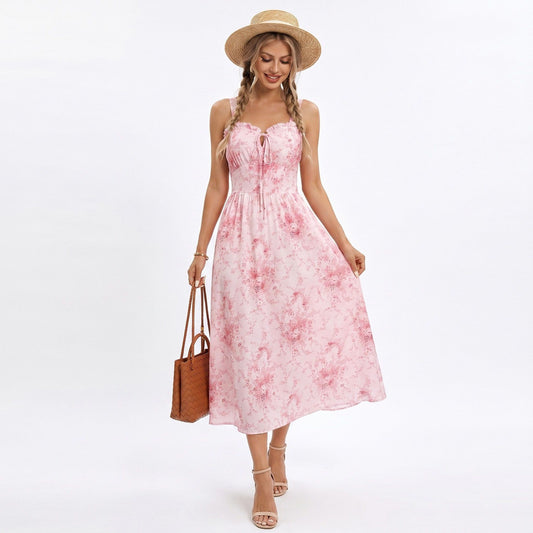Floral Print Tie Front Smocked Back Midi Dress