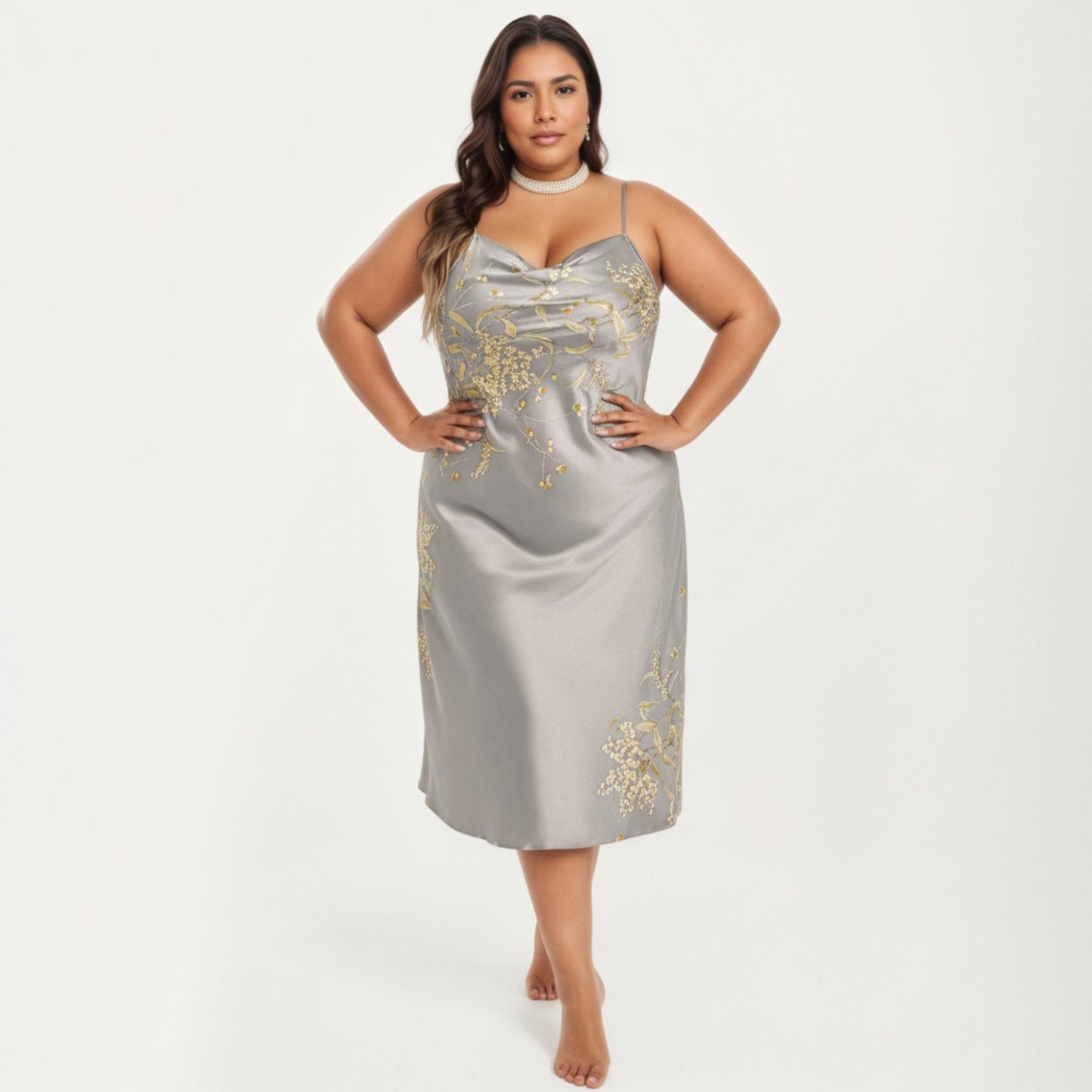 Plus Size Satin Floral Slip Nightgown with Adjustable Spaghetti Straps Cowl Neck Midi Length Sleepwear Dress