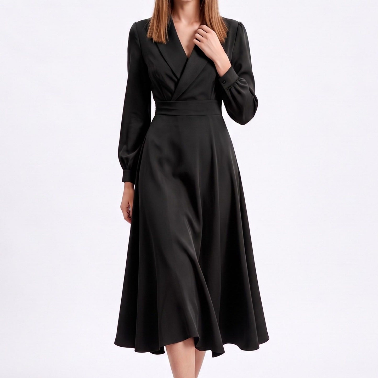 Long Sleeve Notched Collar Midi Dress with Defined Waist and Flared Skirt