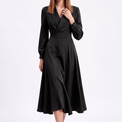 Long Sleeve Notched Collar Midi Dress with Defined Waist and Flared Skirt