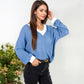 V-Neck Waffle Knit Long Sleeve Top Contrast Trim Relaxed Fit