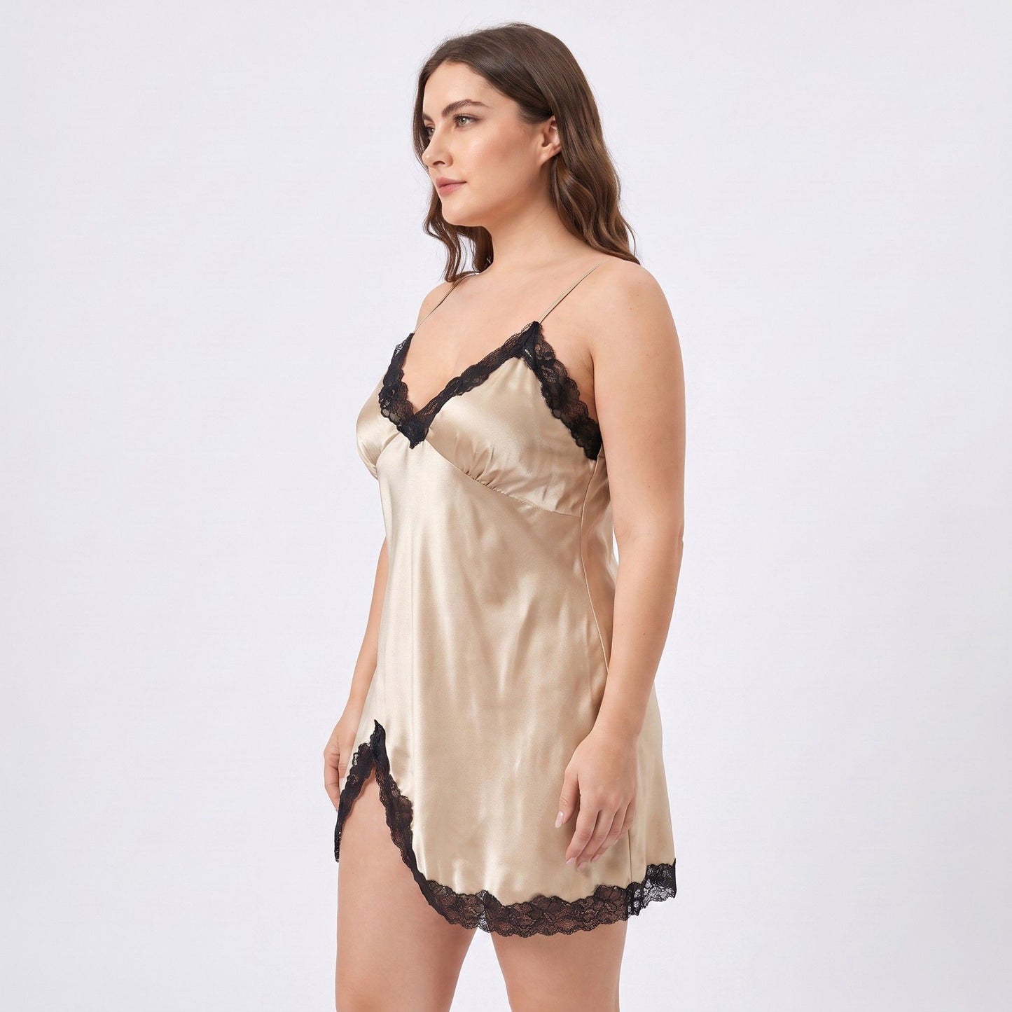 Plus Size Satin-Like Lace Trim Cami Nightgown with V-Neck Slim Straps Side Slit and Relaxed Fit