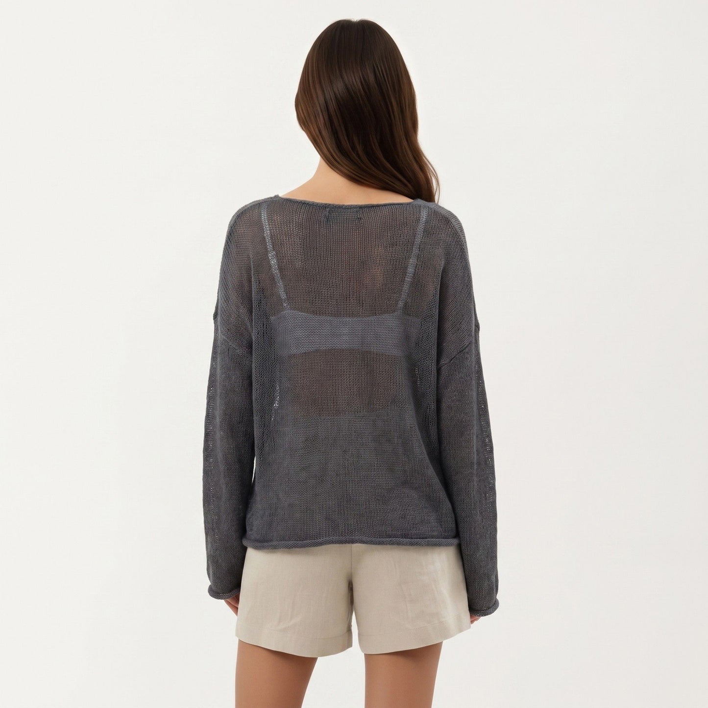 Women's Lightweight Open Knit Long Sleeve Sweater Top with Relaxed Fit and Subtle Sheer Texture
