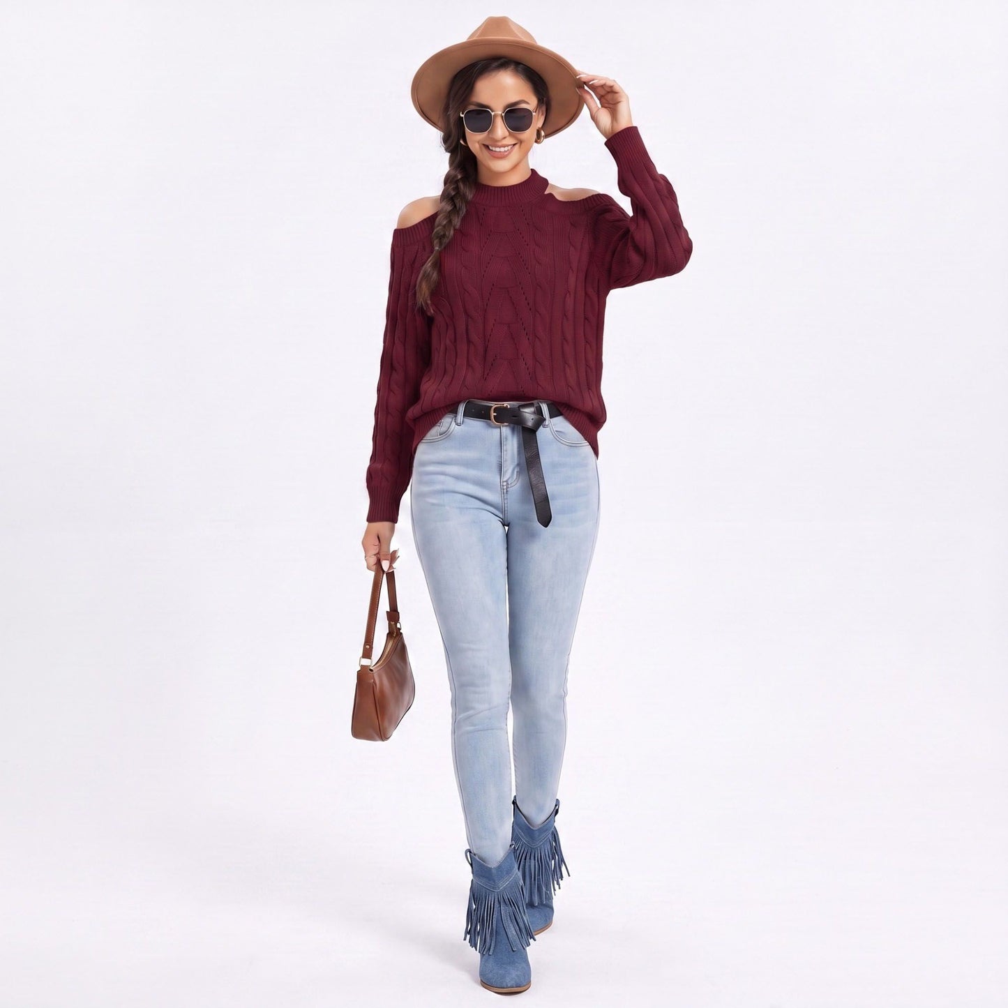 Mock Neck Cold Shoulder Cable Knit Long Sleeve Pullover Sweater