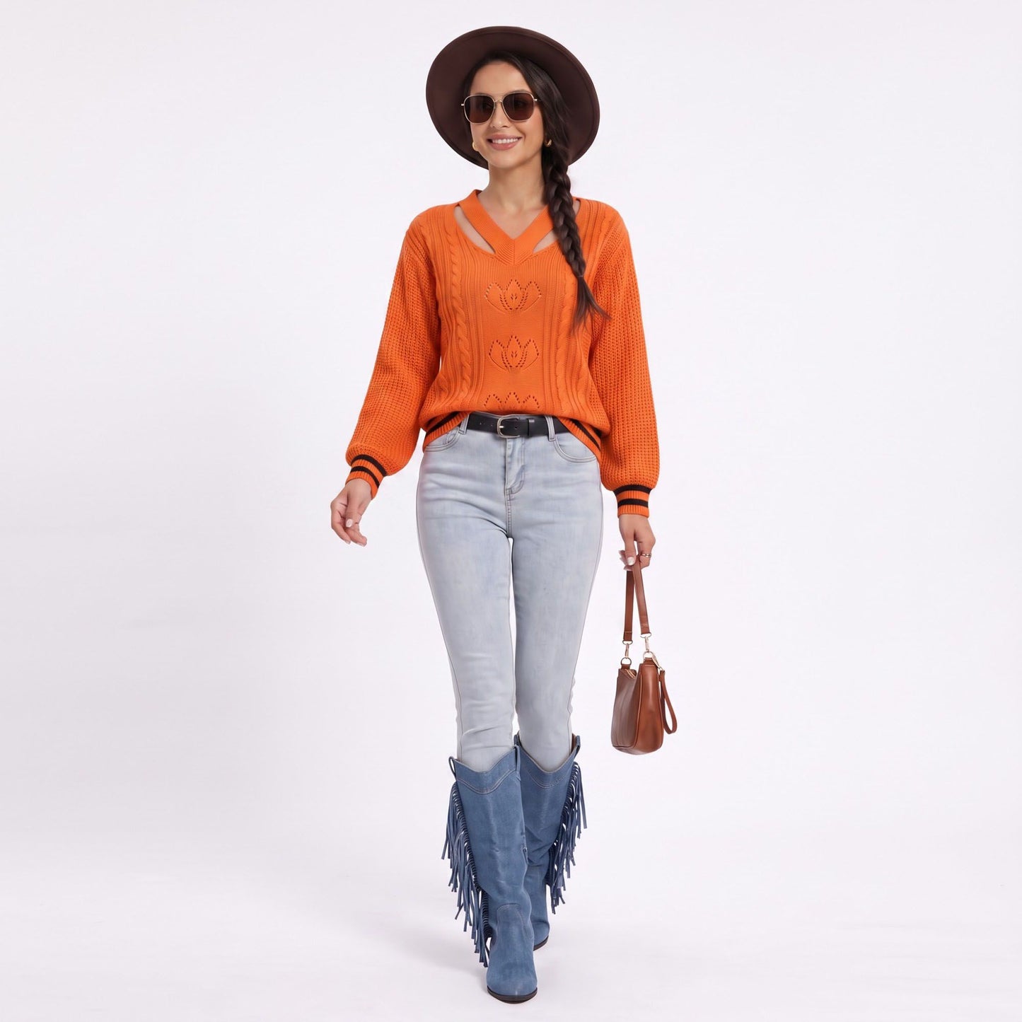 Cutout V Neck Cable Knit Long Sleeve Sweater with Contrast Stripe Trim