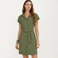 Short Sleeve Button Front Shirt Dress with Collared Neckline and Adjustable Waist Tie
