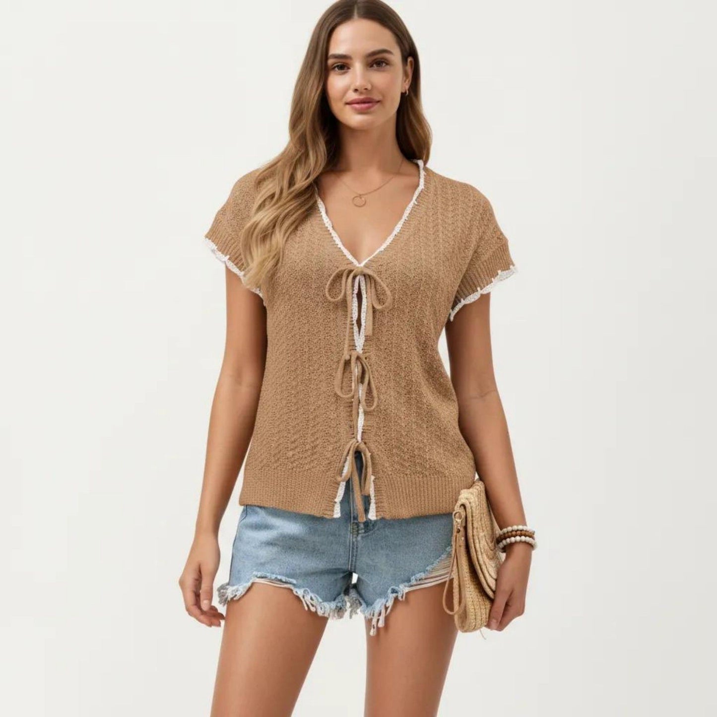 Short Sleeve Knit Cardigan Top with V-Neck Tie Front and Contrast Trim