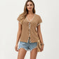 Short Sleeve Knit Cardigan Top with V-Neck Tie Front and Contrast Trim