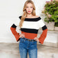 Off-Shoulder Ribbed Sweater with Color Block Flared Sleeves