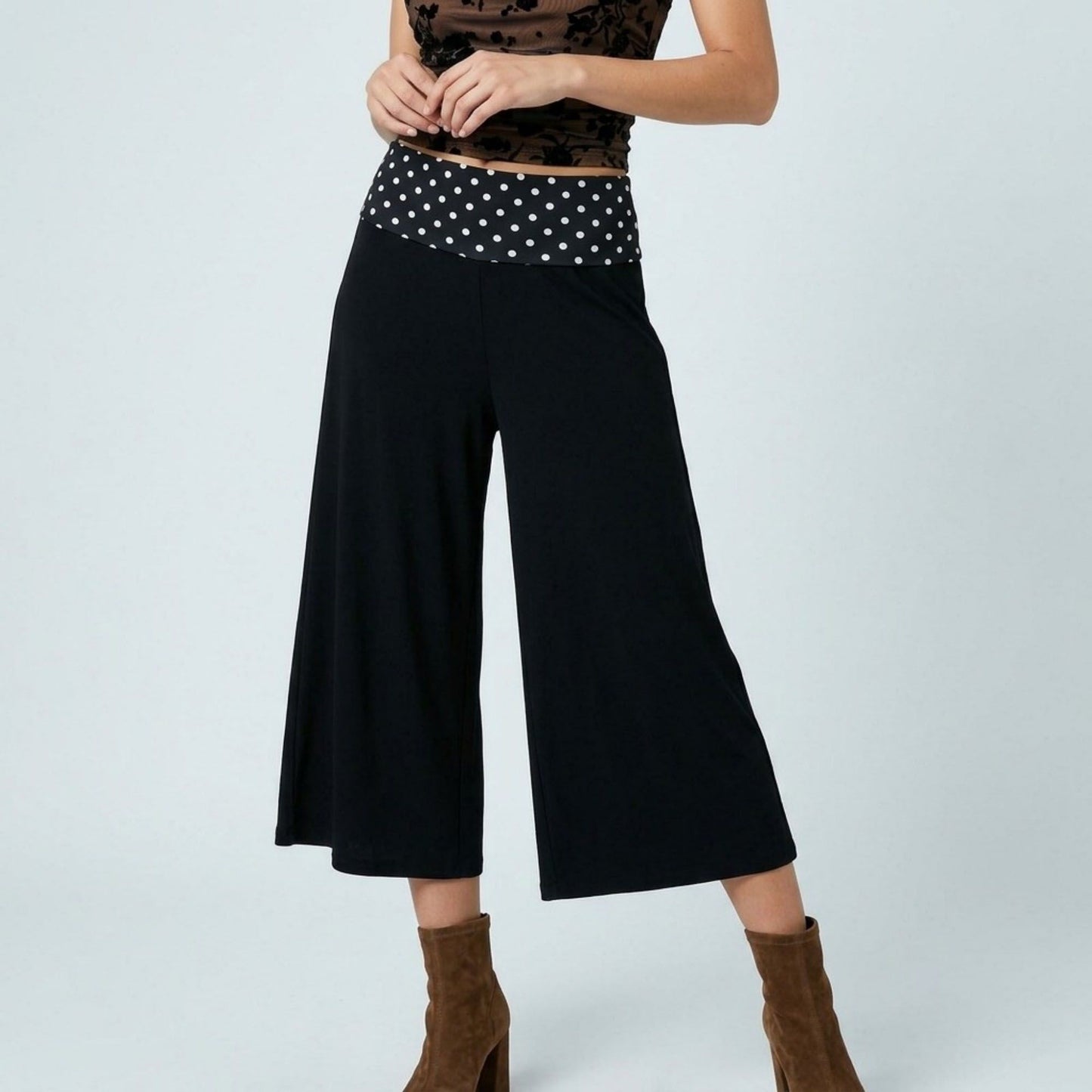 Polka Dot Contrast Waistband Cropped Wide-Leg Trousers