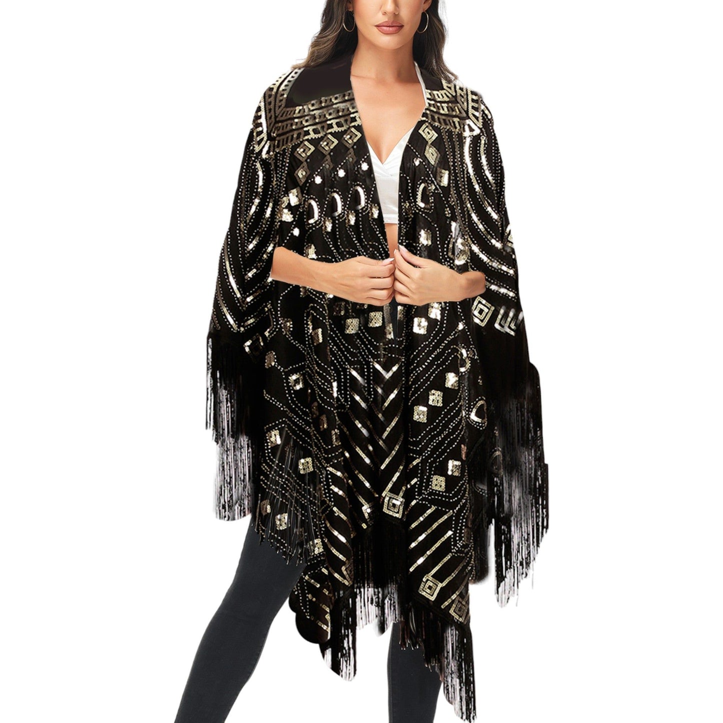 Semi Sheer Boho Sequin Fringe Sparkle Drop Shoulder Shrug