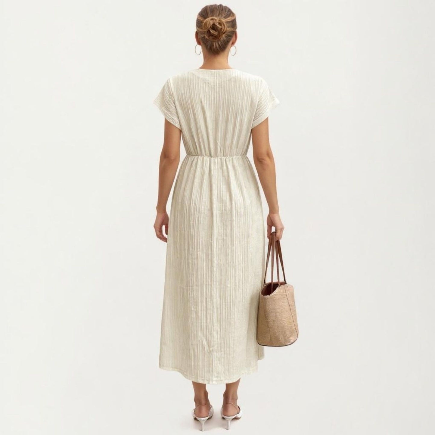 Short Sleeve Midi Dress with Wrap V Neck Twist Front Waist Detail Textured Knit Flowy Fit