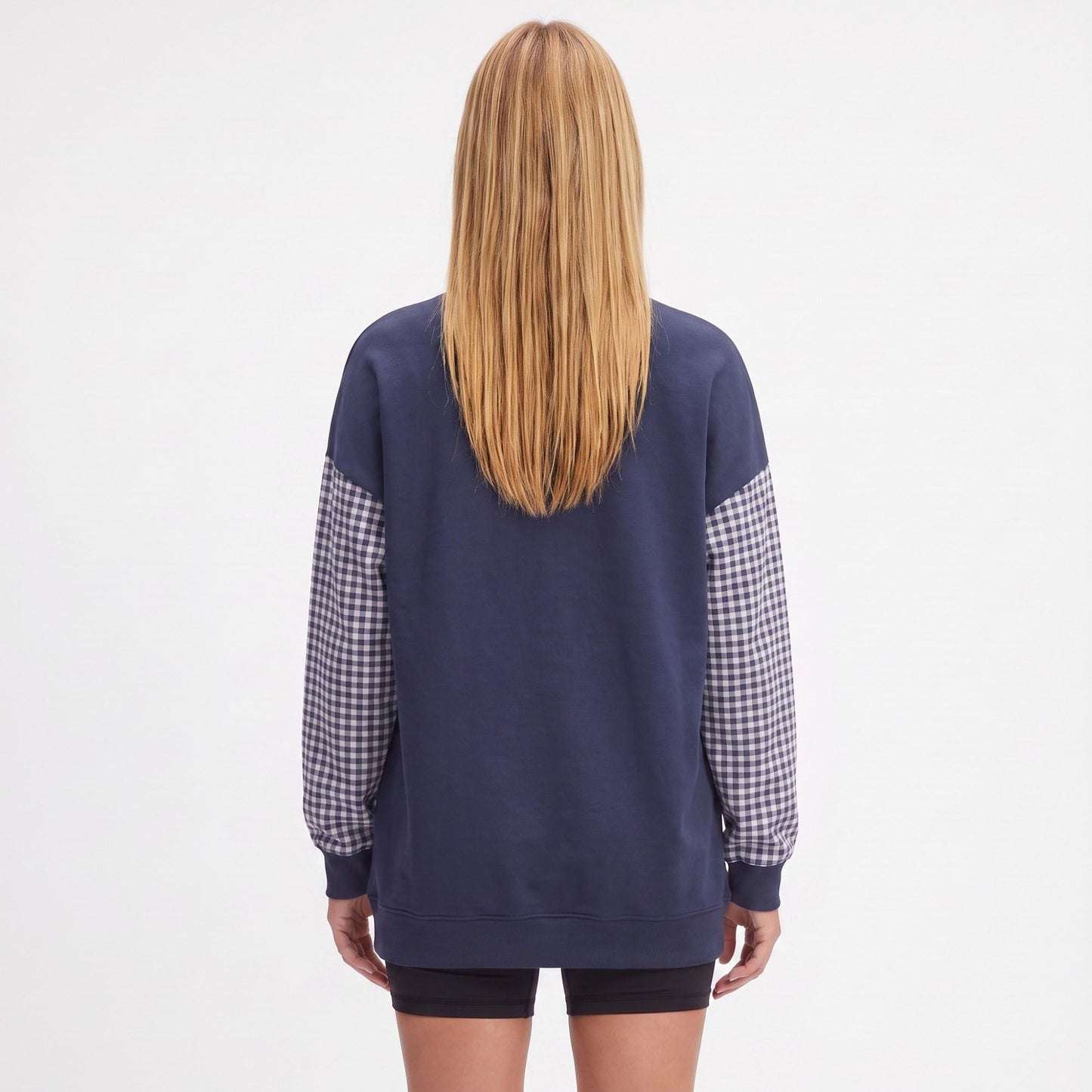 Plaid Sleeve Crew Neck Long Sleeve Pullover Sweatshirt