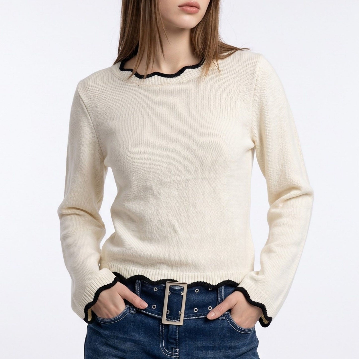 Contrast Scallop Trim Crewneck Knit Sweater