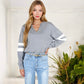 Long Sleeve V-Neck Pullover with Contrast Sleeve Stripes