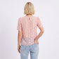 Sheer Floral Embroidered Top Pearl Neckline Short Sleeve Blouse