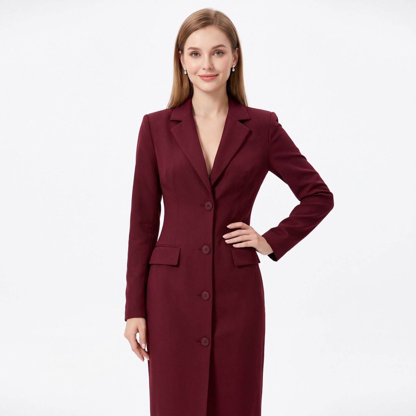 Long Sleeve Blazer Maxi Dress with Notched Lapels and Front Slit