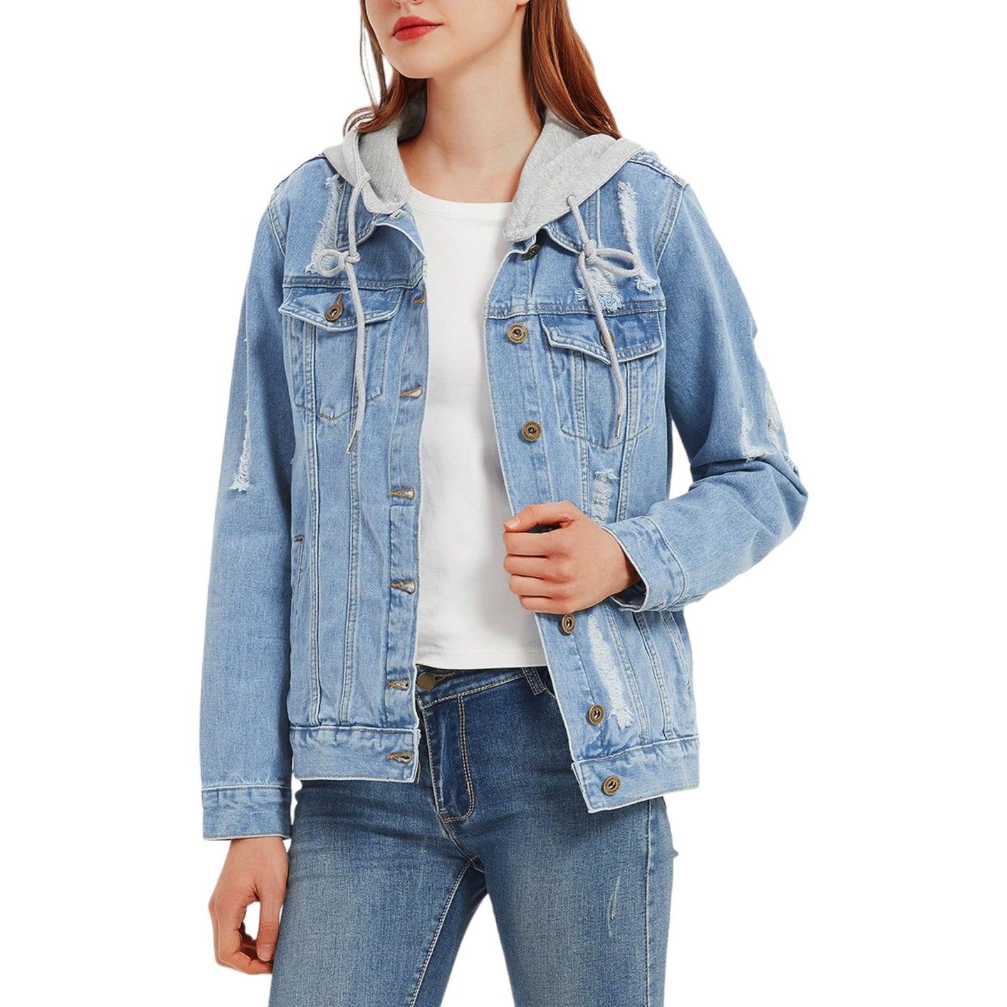 Detachable Hoodie Denim Distressed Jean Jacket