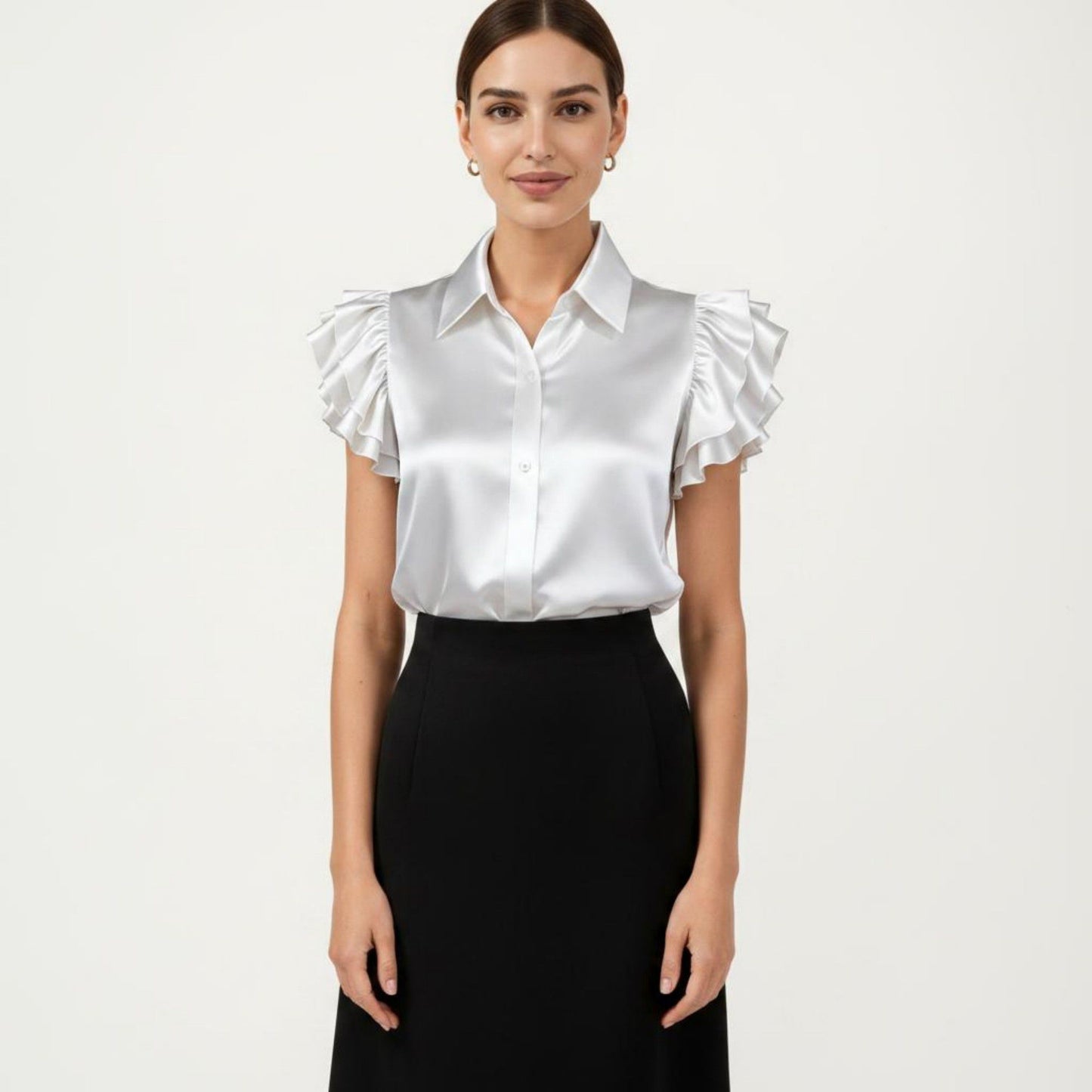 Satin Button Down Blouse with Ruffle Sleeves and Collared Neckline
