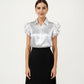 Satin Button Down Blouse with Ruffle Sleeves and Collared Neckline