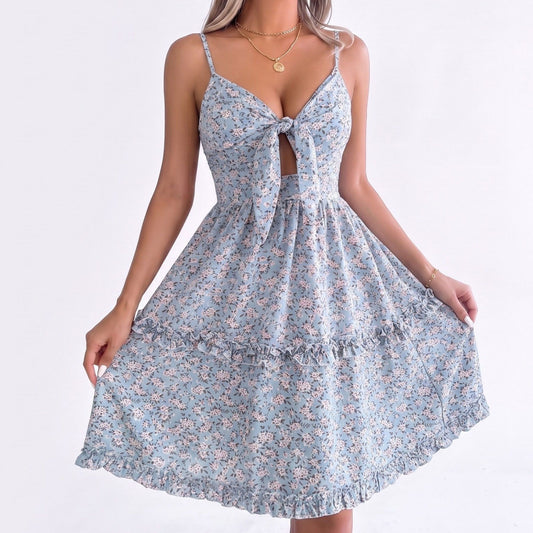 Floral Tie Front Cutout Smocked Ruffle Tiered Dress