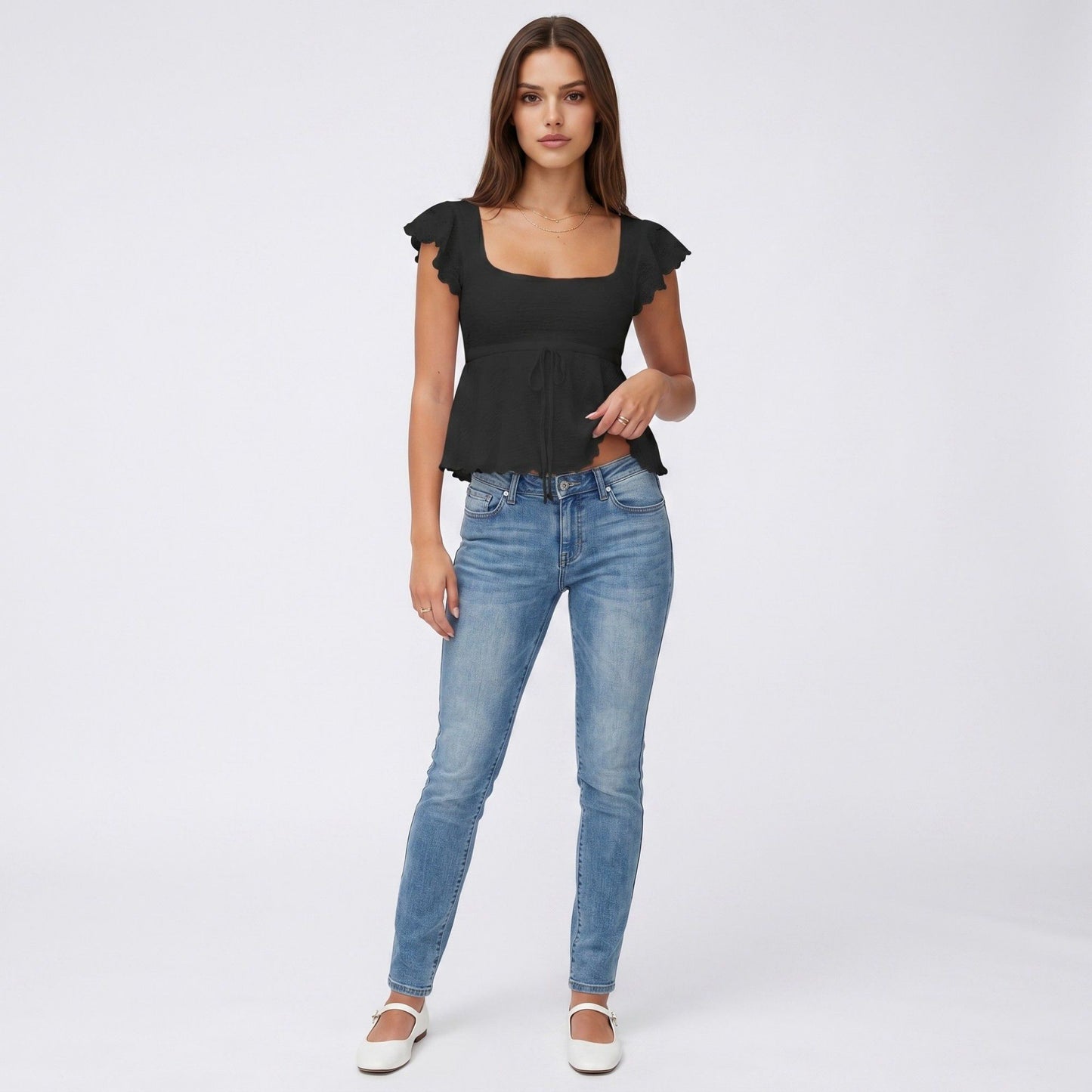 Square Neck Peplum Top with Ruffle Sleeves and Front Tie Detail
