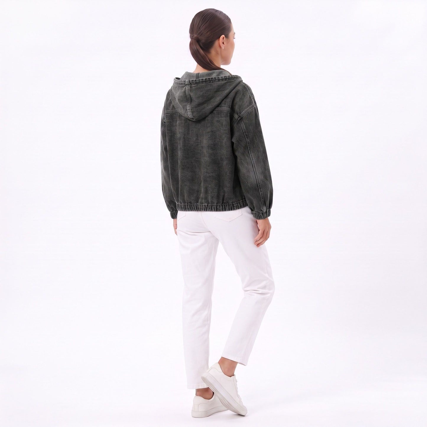Washed Denim Hooded Pullover Jacket Long Sleeve Kangaroo Pocket Casual Outerwear