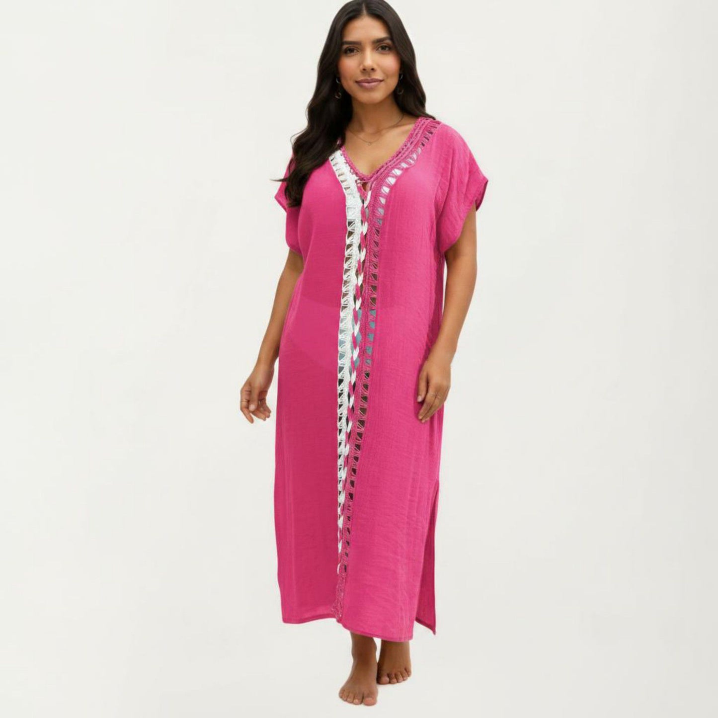 Maxi Swim Cover Up Dress with Crochet Trim V Neck Short Sleeves Relaxed Lightweight Fit