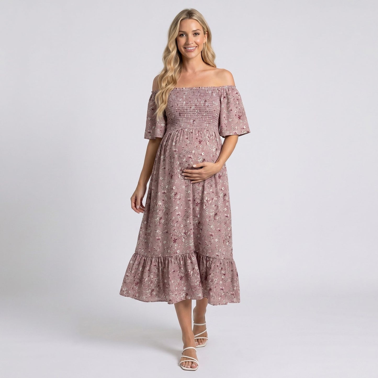 Maternity Floral Square Neck Midi Dress with Short Sleeves and Ruffle Hem