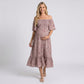 Maternity Floral Square Neck Midi Dress with Short Sleeves and Ruffle Hem