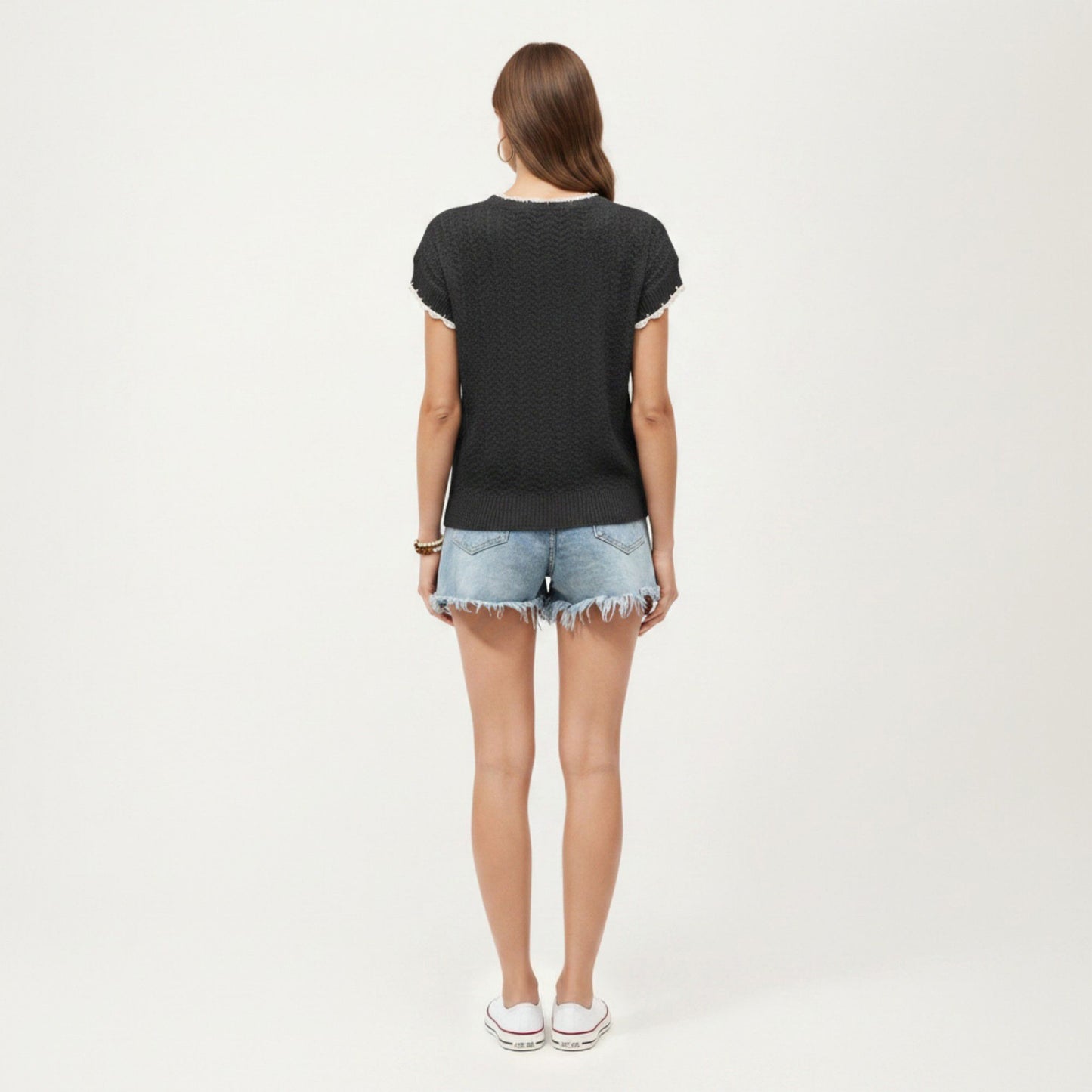 Short Sleeve Knit Cardigan Top with V-Neck Tie Front and Contrast Trim