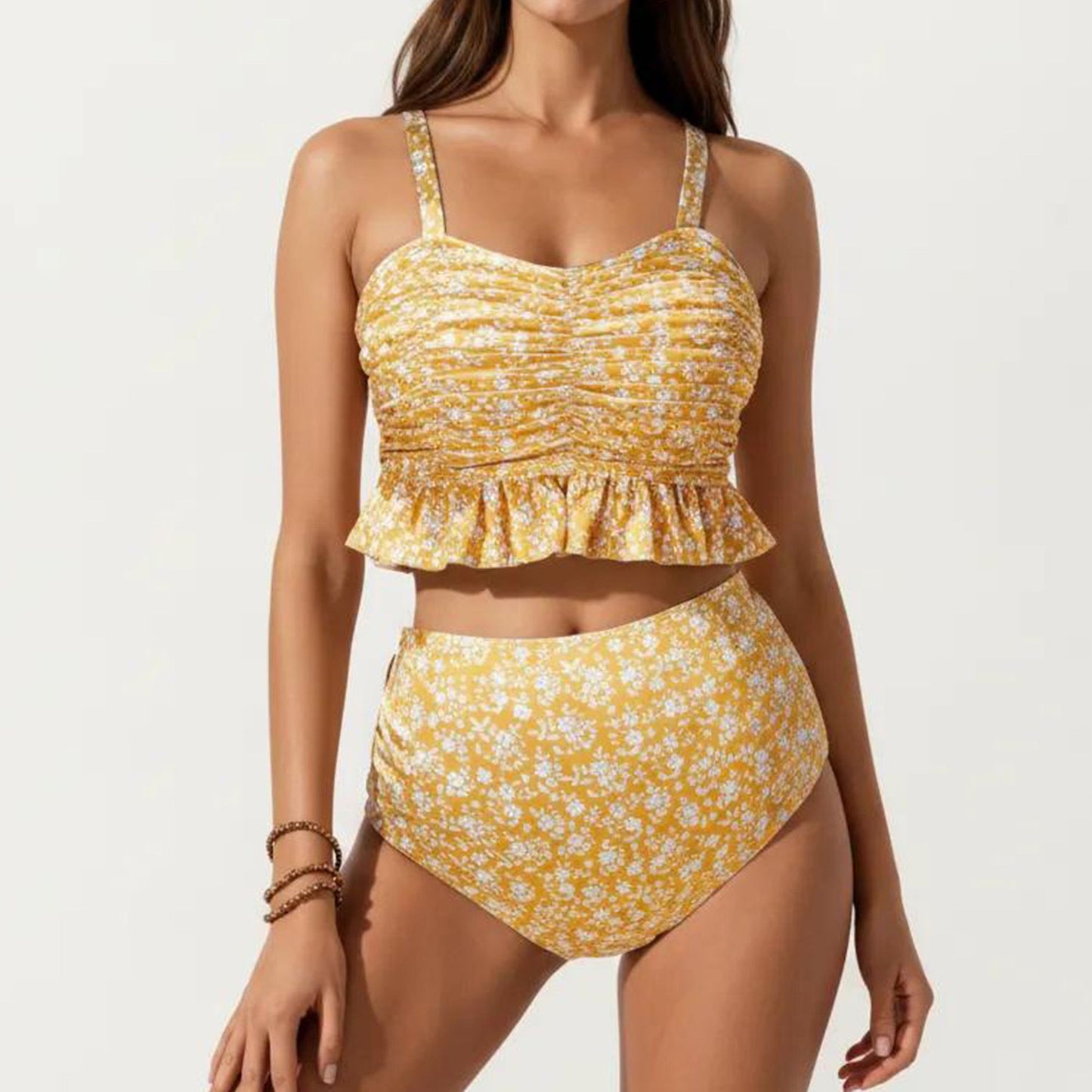 Floral Print Ruffled Maternity Bikini Set with High-Waisted Bottoms
