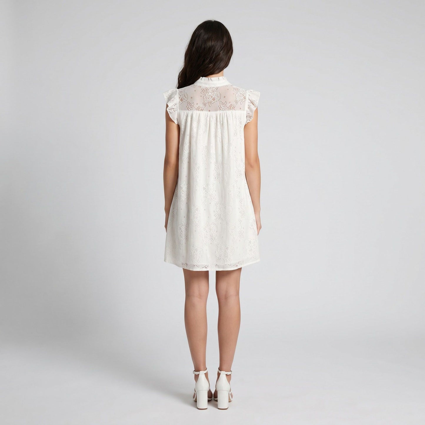Floral Lace Texture Ruffle Sleeve Mini Dress with Split Neckline Gathered Yoke and Relaxed Shift Silhouette