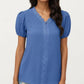 Short Sleeve Swiss Dot Top with Lace Trim V-Neck and Puff Sleeves