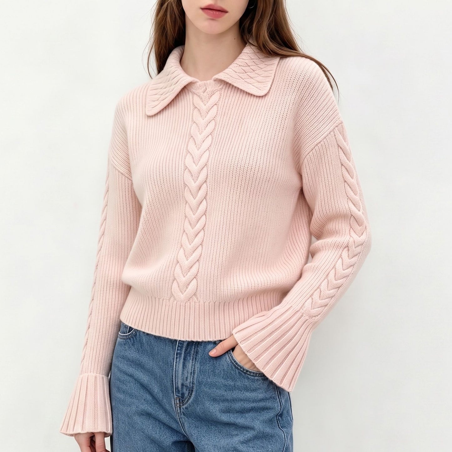 Cable Knit Collared Sweater with Flared Cuffs