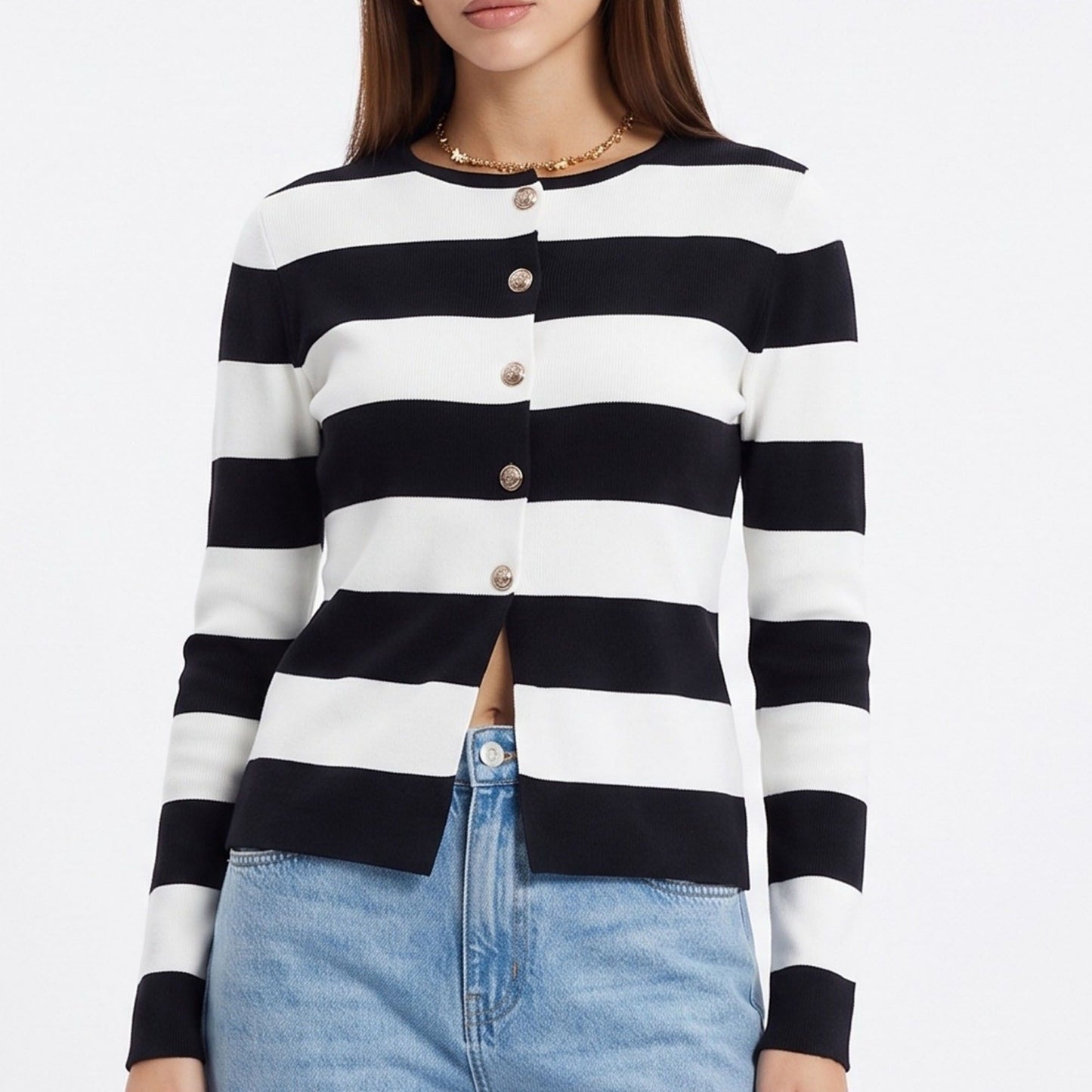 Striped Button-Down Knit Cardigan Sweater
