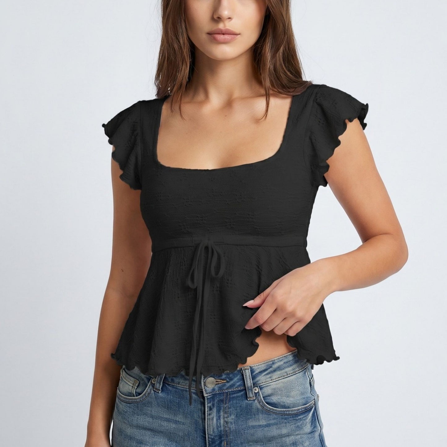 Square Neck Peplum Top with Ruffle Sleeves and Front Tie Detail
