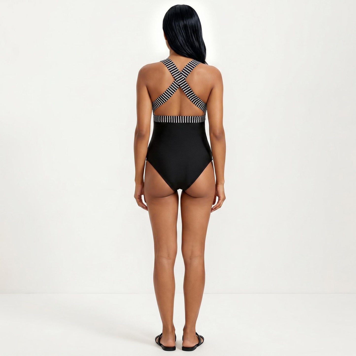 Maternity Striped One-Piece Swimsuit with Tie Waist and Deep V-Neckline