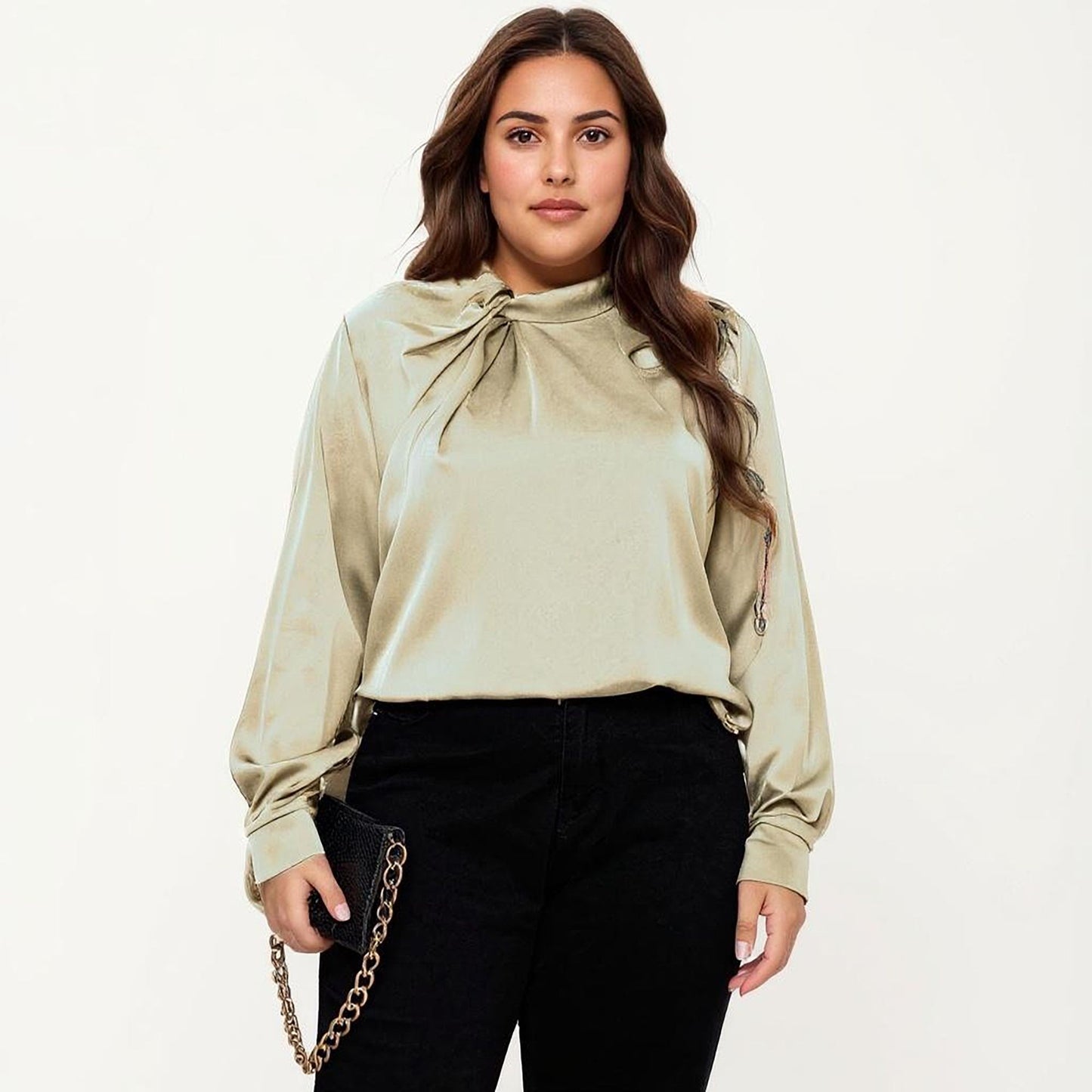 Plus Size Long Sleeve Blouse with Tie Neck Detail Relaxed Fit Silky Smooth Fabric