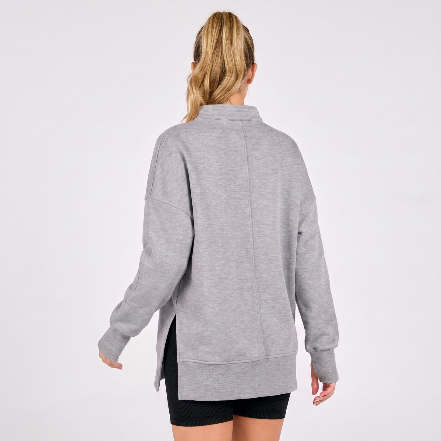 Quarter Zip Mock Neck Long Sleeve Tunic Sweatshirt with Side Slits