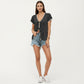 Short Sleeve Knit Cardigan Top with V-Neck Tie Front and Contrast Trim