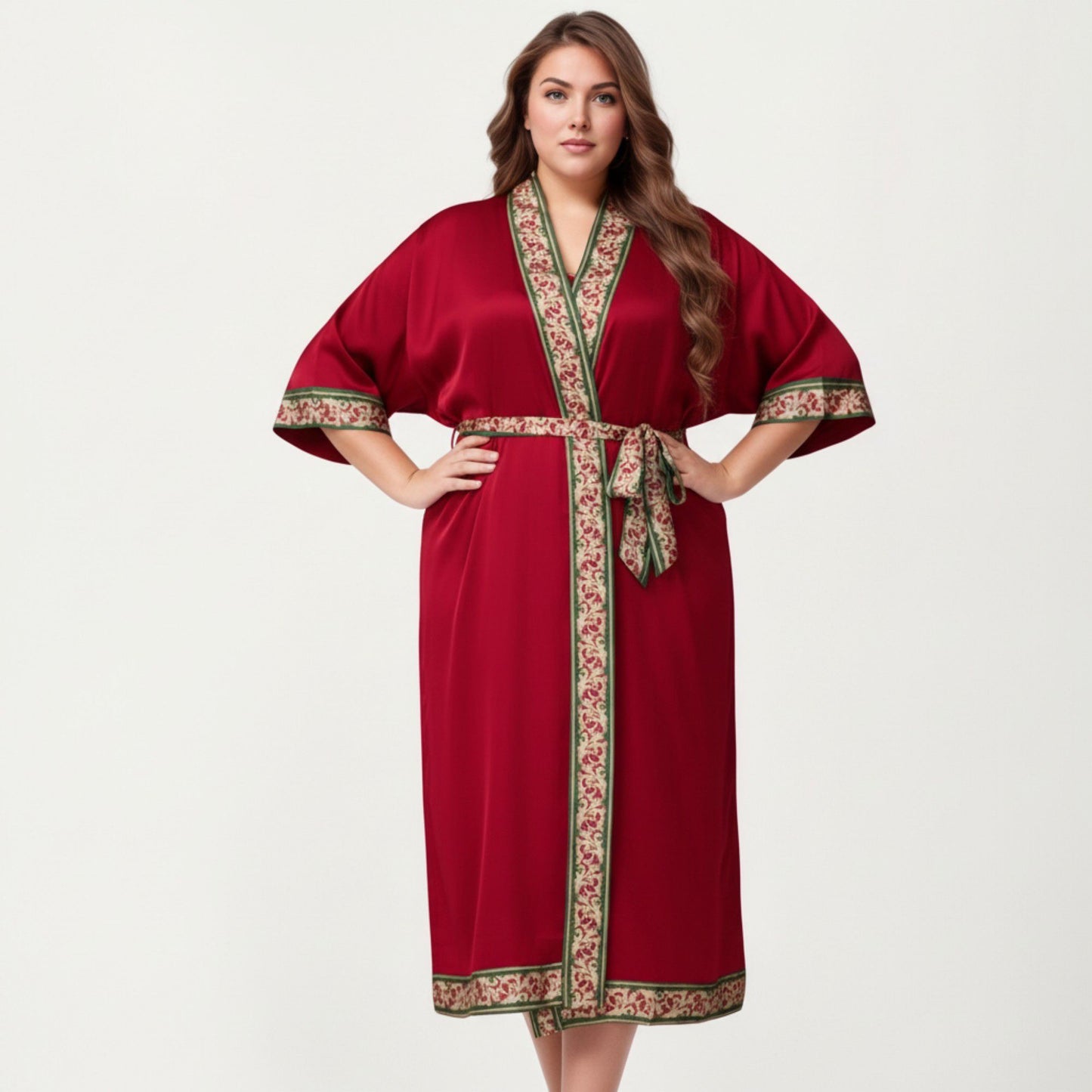 Plus Size Satin Robe with Floral Trim Belted Kimono Sleeve Long Robe Sleepwear
