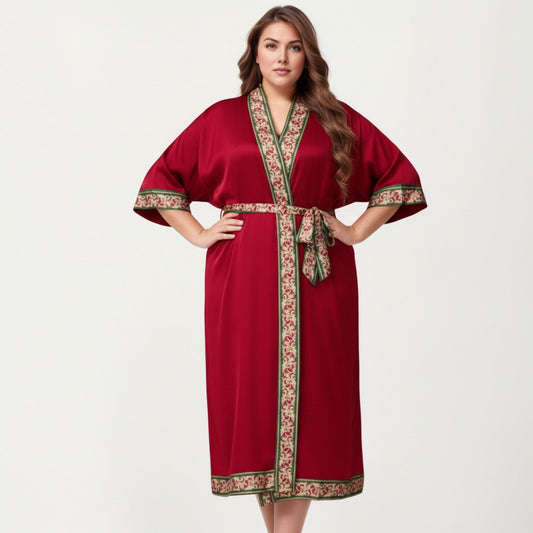 Plus Size Satin Robe with Floral Trim Belted Kimono Sleeve Long Robe Sleepwear