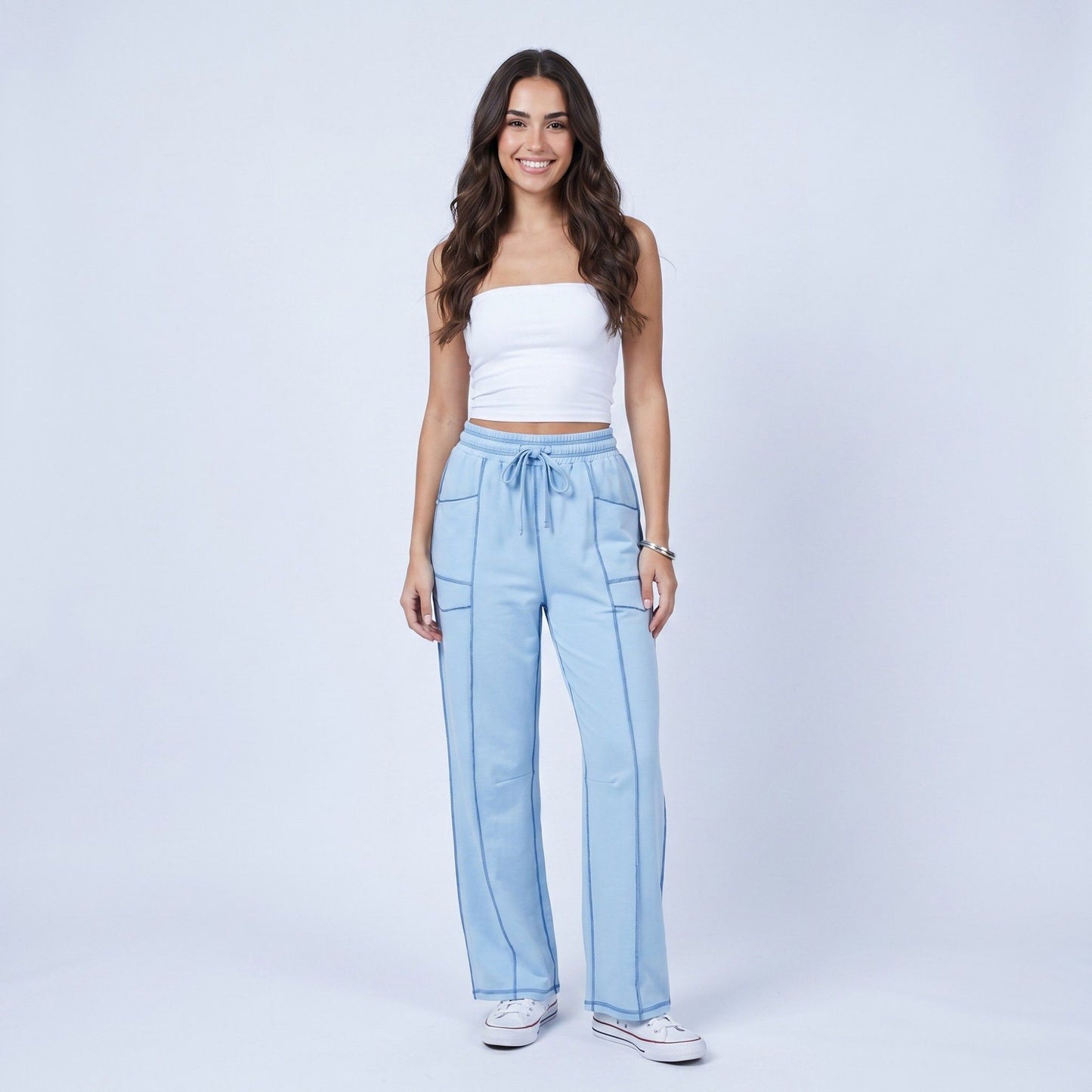 High Rise Drawstring Wide Leg Utility Pants with Patch Pockets