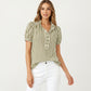 Short Sleeve Striped Blouse with Ruffle Trim V Neck Puff Sleeve Lightweight Pullover Shirt