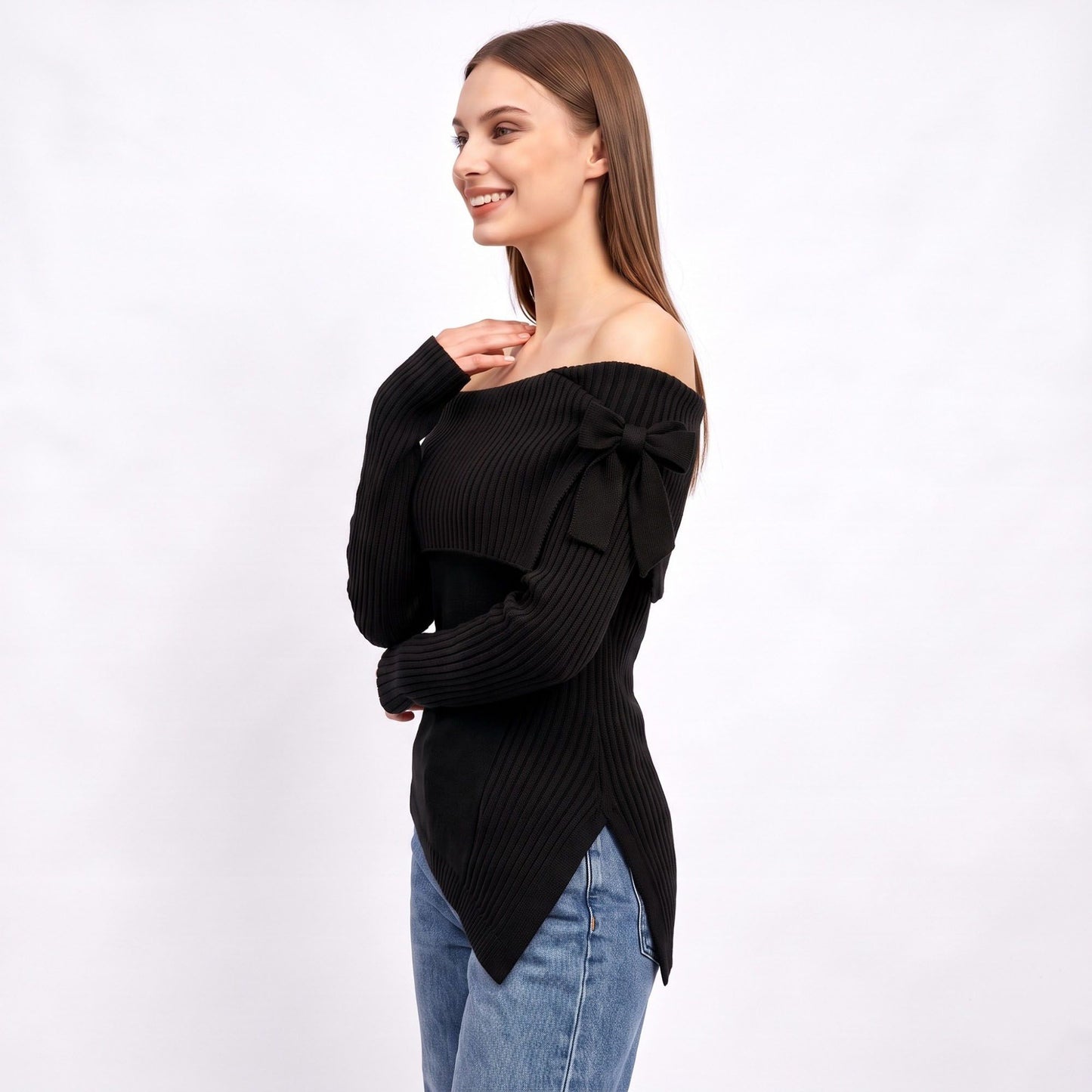 Off Shoulder Bow Asymmetrical Knit Sweater