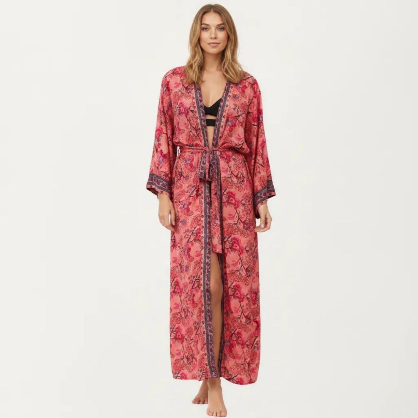 Floral Paisley Maxi Dress with Long Sleeves Adjustable Waist Tie and Flowing Relaxed Fit