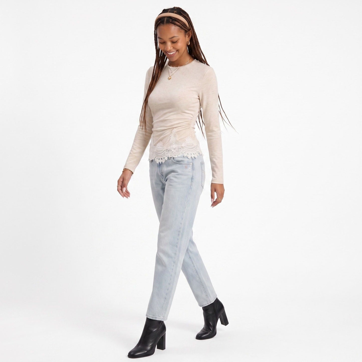 Lace Trim Ruched Long Sleeve Top Crew Neck Fitted Shirt